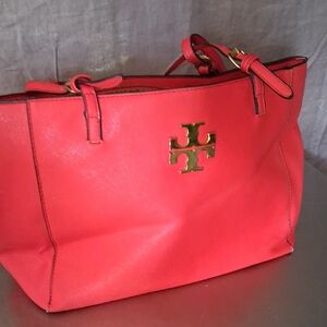 Tory Burch Red Leather Tote with Gold Emblem
